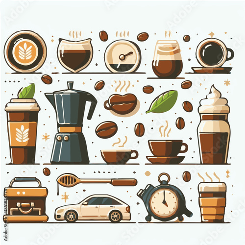 coffee, drink, background, beverage, espresso, cup, cafe, caffeine, food, hot, morning, white, mug, breakfast, brown, aroma, black, fresh, dark, closeup, design, cappuccino, mocha, latte, vector, set,