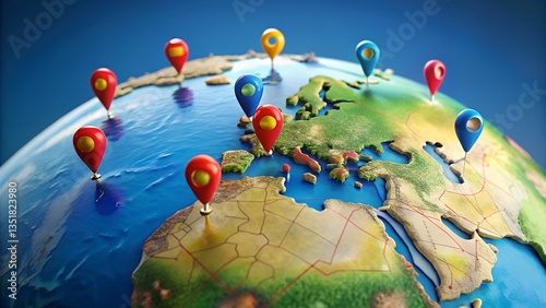 Map with multiple red location pins. City map shows routes, destinations. GPS technology, route planning concept. Innovation in transport logistics