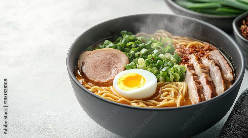 A steaming bowl of delicious Japanese ramen noodles features tender pork slices, a soft boiled egg, and fresh scallions in a rich broth perfect for a comforting meal. A steaming bowl of delicious Japanese ramen noodles features tender pork slices, a soft boiled egg, and fresh scallions in a rich broth perfect for a comforting meal.