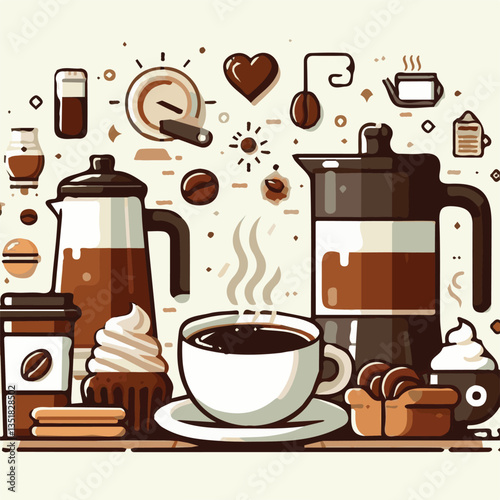 coffee, drink, background, beverage, espresso, cup, cafe, caffeine, food, hot, morning, white, mug, breakfast, brown, aroma, black, fresh, dark, closeup, design, cappuccino, mocha, latte, vector, set,