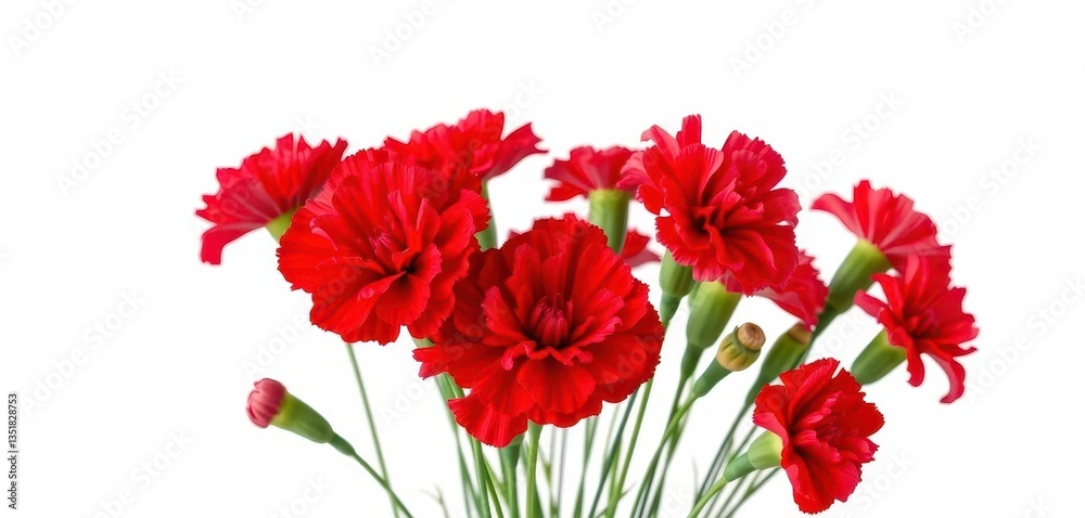 Obraz premium Vibrant red carnations, fully bloomed, isolated against pure white backdrop, anniversary, vivid, elegance