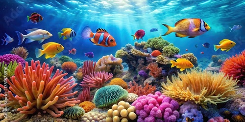 Fototapeta Naklejka Na Ścianę i Meble -  Vibrant coral reef teeming with tropical fish and colorful sea anemones, set against a crystal-clear turquoise blue ocean background, ocean, marine life