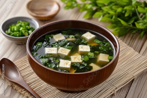 Warm bowl of miso soup with seaweed and tofu in a cozy setting Generative AI