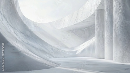 A stunning 3D rende showcases a futuristic white marble cavern with smooth curves and tall cylindrical pillars creating a minimalist and elegant architectural design.