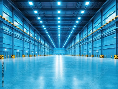 Expansive view of a large warehouse featuring highbay lighting and industrial architecture in a commercial setting