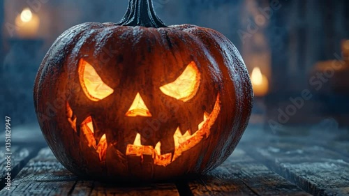 Wallpaper Mural A spooky glowing Halloween pumpkin on a rustic wooden table, creating an eerie atmosphere in a dimly lit setting. Torontodigital.ca