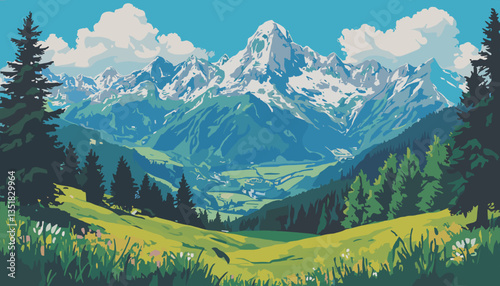 Stunning alpine landscape with snow-capped mountains and lush green meadows under a clear blue sky