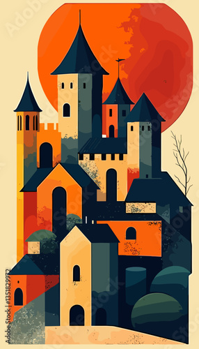 Medieval castle illustration with bold colors and geometric shapes against a sunset backdrop
