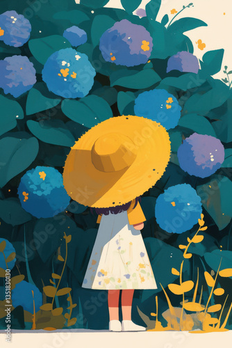 Wallpaper Mural A Girl in a Yellow Hat Among Blue Flowers Torontodigital.ca