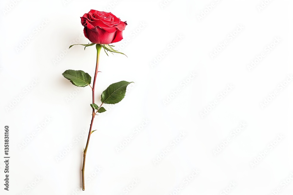 Fototapeta premium Long-stemmed red rose lying on white background
