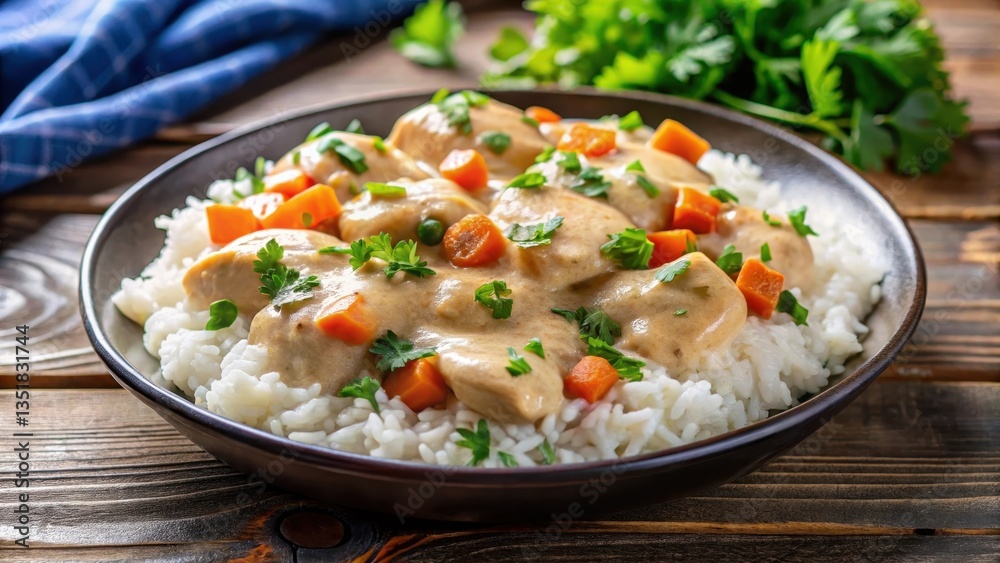 Tender chicken pieces cooked in a creamy sauce served over fluffy white rice, garnished with chopped fresh parsley and steamed vegetables , vegetables, herbs Tender chicken pieces cooked in a creamy sauce served over fluffy white rice, garnished with chopped fresh parsley and steamed vegetables , vegetables, herbs