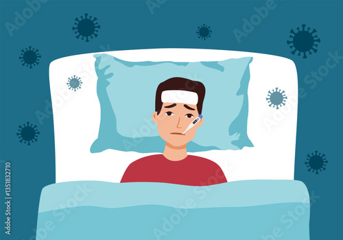 Seasonal allergy or flu concept. Young sick man lies in bed with thermometer in his mouth. Feeling unwell, having cold or high fever. Treatment of illness and rest. Cartoon flat vector illustration