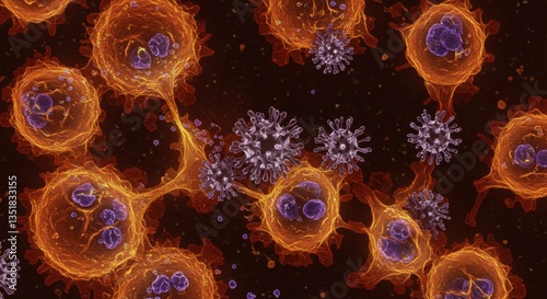 Microscopic view of cells interacting with viruses 