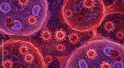 Detled view of viruses interacting with human cells 