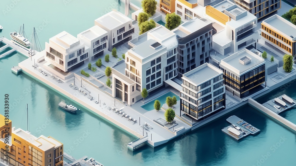 A stylized isometric view of a modern coastal city with waterways and boats A stylized isometric view of a modern coastal city with waterways and boats
