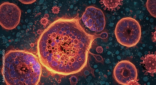 Vivid  art of cells interacting with viruses under a microscope