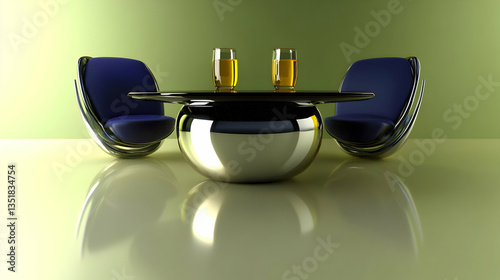 Modern Glass Table with Blue Chairs and Drinks photo