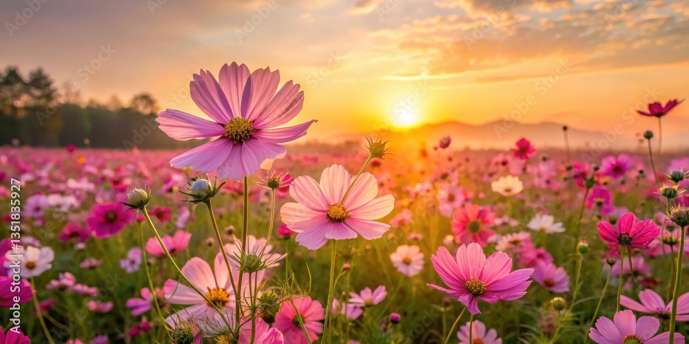 Obraz premium Cosmos flower field at sunrise, summer, flower meadow, summer, flower meadow, nature, botanical, garden