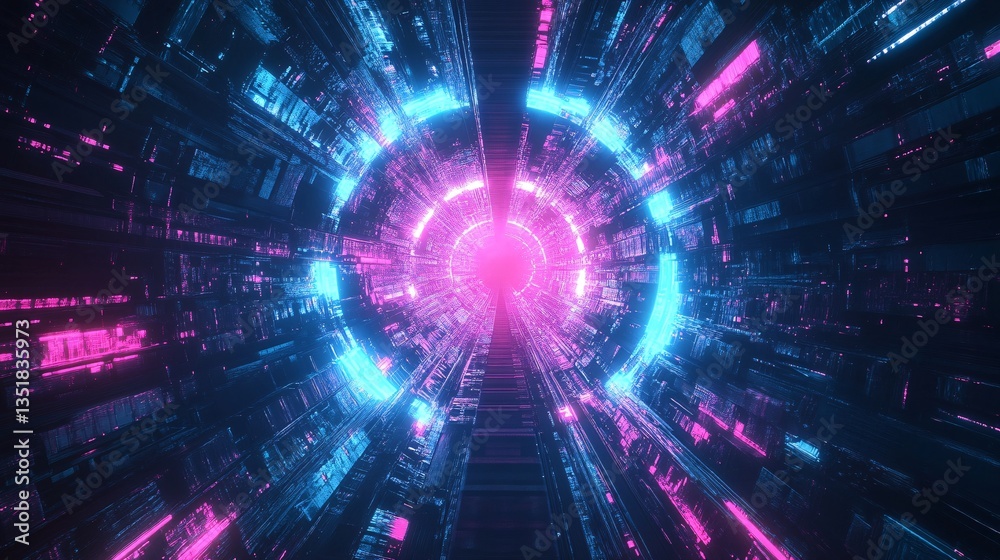 Fototapeta premium Futuristic neon tunnel, vibrant lights, digital background, virtual reality