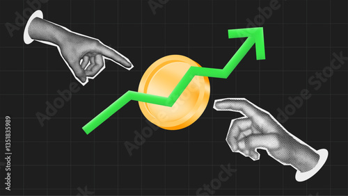 halftone collage, investing coin, growth concept with rising chart, digital coin, and vintage hands.finance, blockchain, trading
