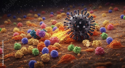 Virus attacking healthy cells in a biological landscape 