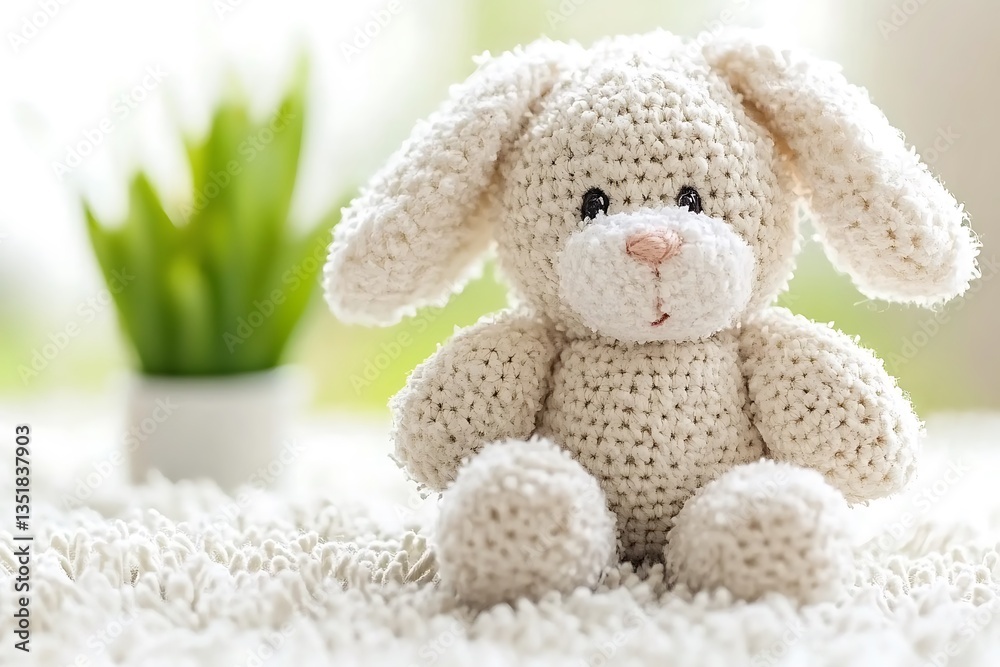Fototapeta premium A seated white crocheted bunny plush toy near window light