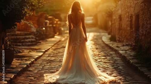 A woman in a long dress walks down a cobblestone path