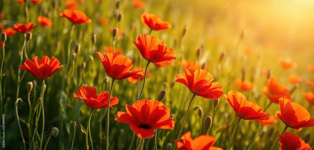 Fototapeta premium Vibrant red poppies in a sunlit field, delicate petals, fresh dew, stem, vibrant