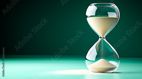 Sand flows inside a clear hourglass on green surface, time elapsing with the grains passing