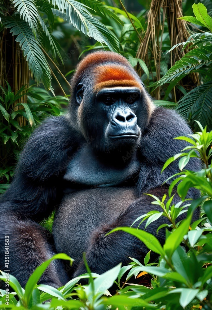Fototapeta premium A large gorilla sits calmly, deep in thought, amidst lush jungle foliage, wildlife photography, green, habitat