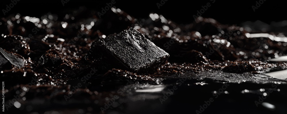 Naklejka premium Rich chocolate pieces on glossy surface.