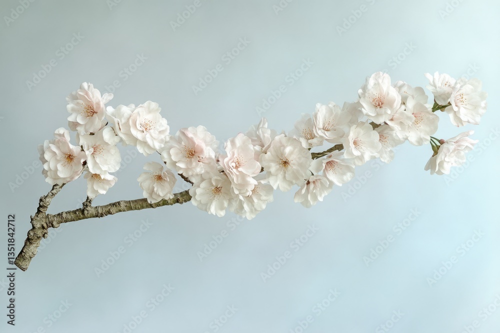 Delicate branch of pale pink cherry blossoms against a soft blue background. Delicate branch of pale pink cherry blossoms against a soft blue background.