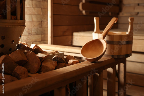 Bucket, ladle and stove with hot rocks in sauna photo