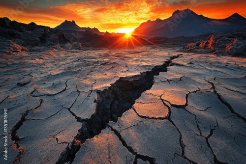 Cracked earth landscape at sunset, volcanic mountains in background. Dramatic fiery sky.