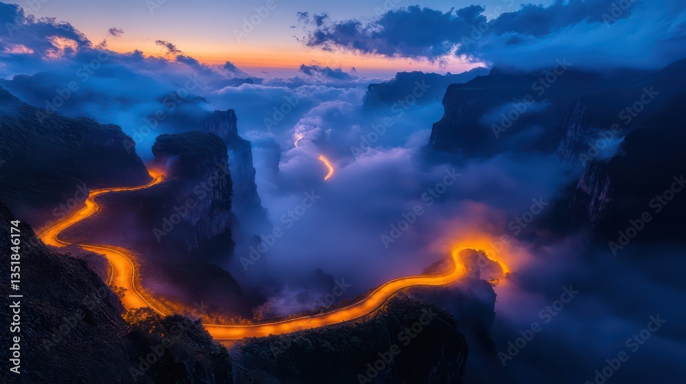 Fototapeta premium A night-time aerial shot of a mountain range, with a curving road lit by soft, warm orange and yellow light