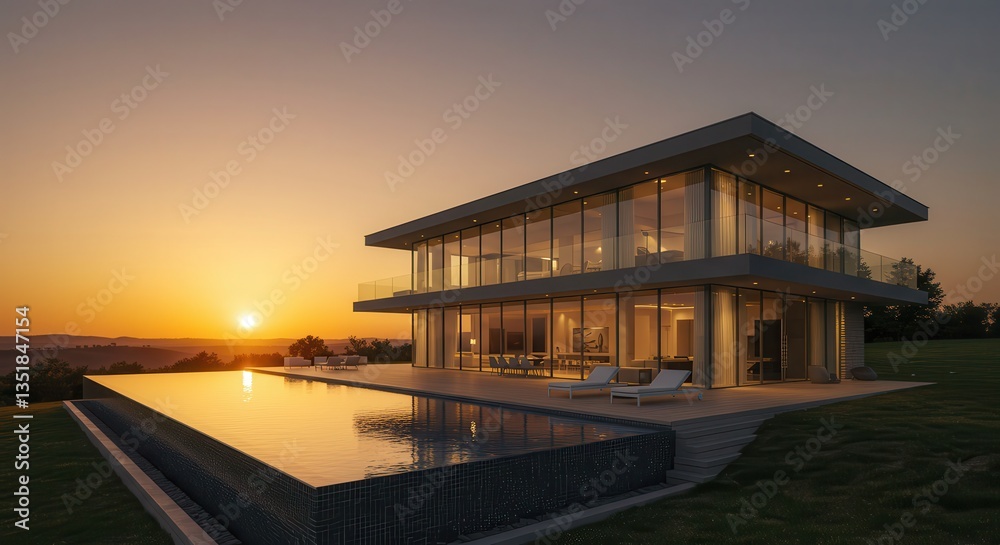 Modern Home with Pool Reflecting Sunset Over a Scenic Landscape Modern Home with Pool Reflecting Sunset Over a Scenic Landscape