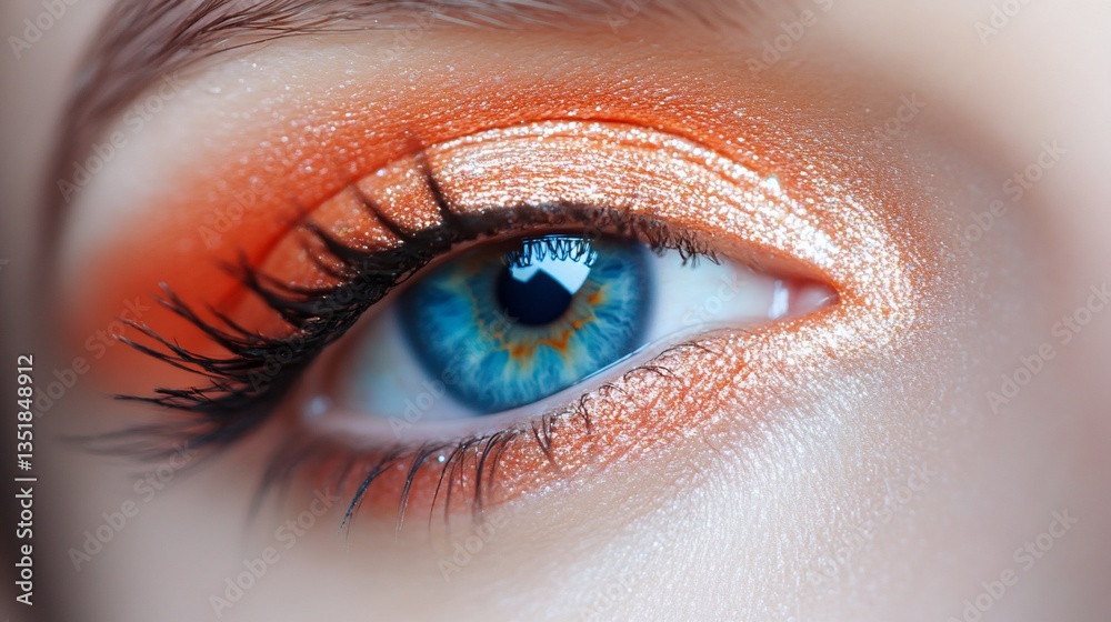 Close-up view of a captivating blue eye with striking orange glittery makeup