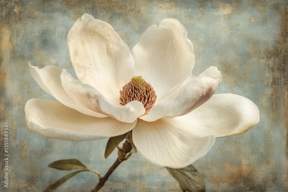 A delicate creamy magnolia blossom, softly illuminated against a textured, vintage-style background. A delicate creamy magnolia blossom, softly illuminated against a textured, vintage-style background.