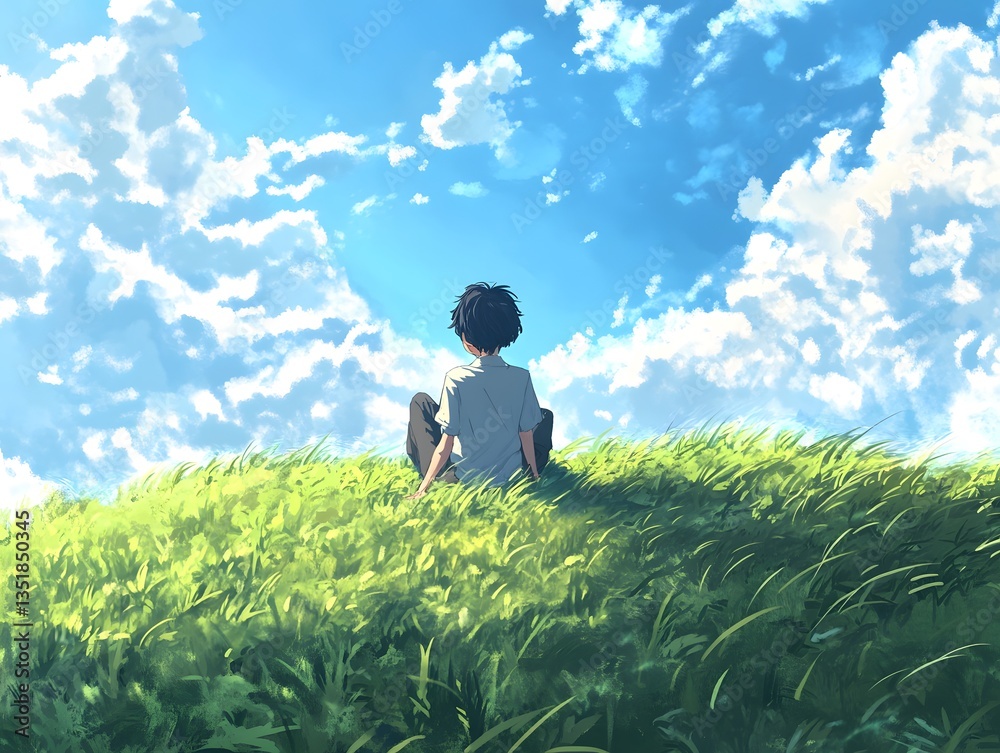Fototapeta premium Boy Sitting on Hill Enjoying Cloudy Sky Art Anime Style