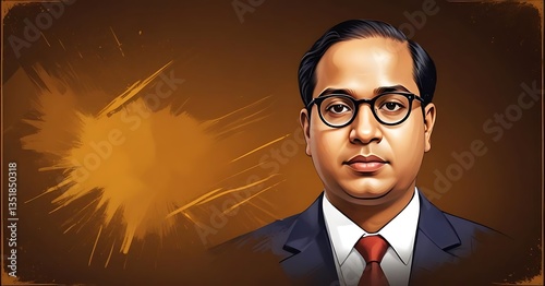  Dr. Babasaheb Bhimrao Ambedkar Jayanti 14 April Portrait, man in suit, round glasses, serious expression, Indian heritage, official painting style, orange sunburst background, leather-textured frame,