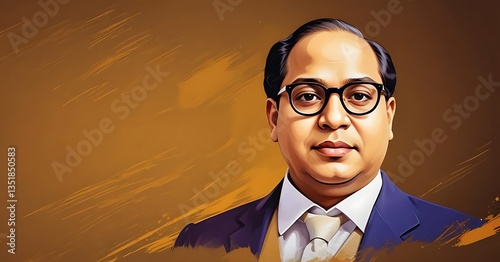  Dr. Babasaheb Bhimrao Ambedkar Jayanti 14 April Portrait, man in suit, round glasses, serious expression, Indian heritage, official painting style, orange sunburst background, leather-textured frame,