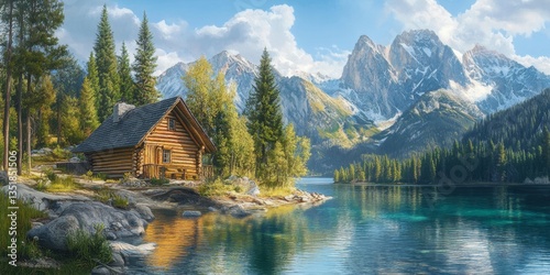 Fototapeta Naklejka Na Ścianę i Meble -  Mountain lake cabin sunset scenic travel poster