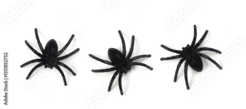 Big Black Hairy Spiders On White Background. Creepy Halloween Creature. Spooky Halloween Scary Tarantulas. Halloween Toys.