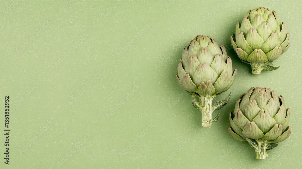 Fototapeta premium Three Fresh Artichokes on Pastel Green Background. Minimalist Organic Vegetable Concept