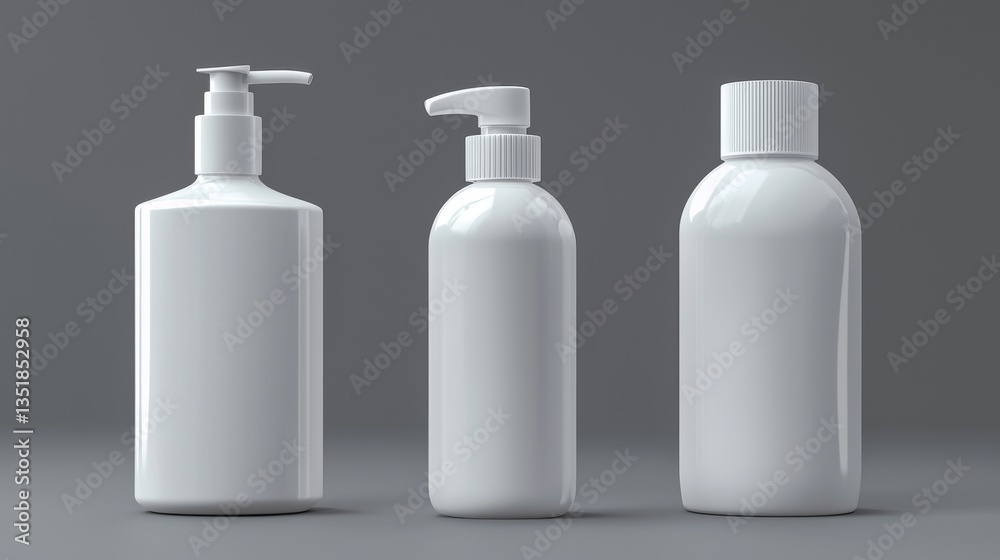 Three empty cosmetic bottles in minimalist design. Three empty cosmetic bottles in minimalist design.