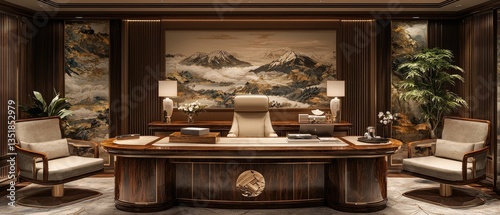 Luxurious office with large wooden desk, comfortable armchairs, and a calming landscape painting