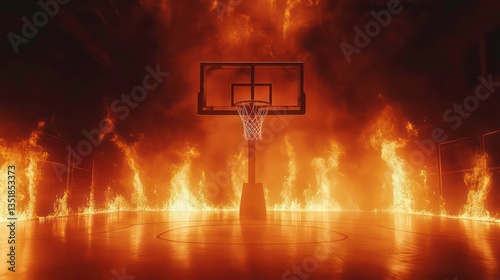 Fiery basketball hoop in a burning court. Possible use Abstract sports, digital art, 3D rendering