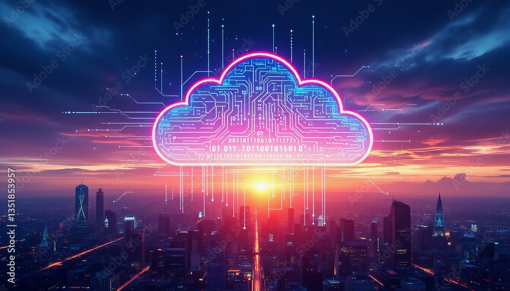Fototapeta premium Digital Cloud Technology over Cityscape with Network Connections