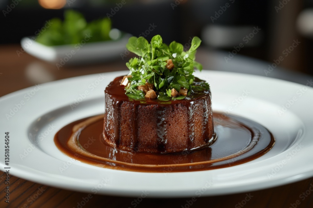 Chocolate lava cake oozing rich goodness with fresh herb topping Generative AI