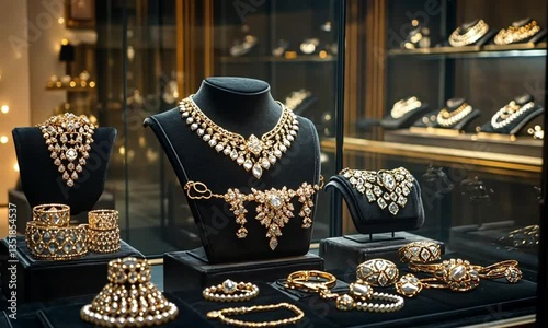 Display case featuring gold and diamond jewelry on black mannequins